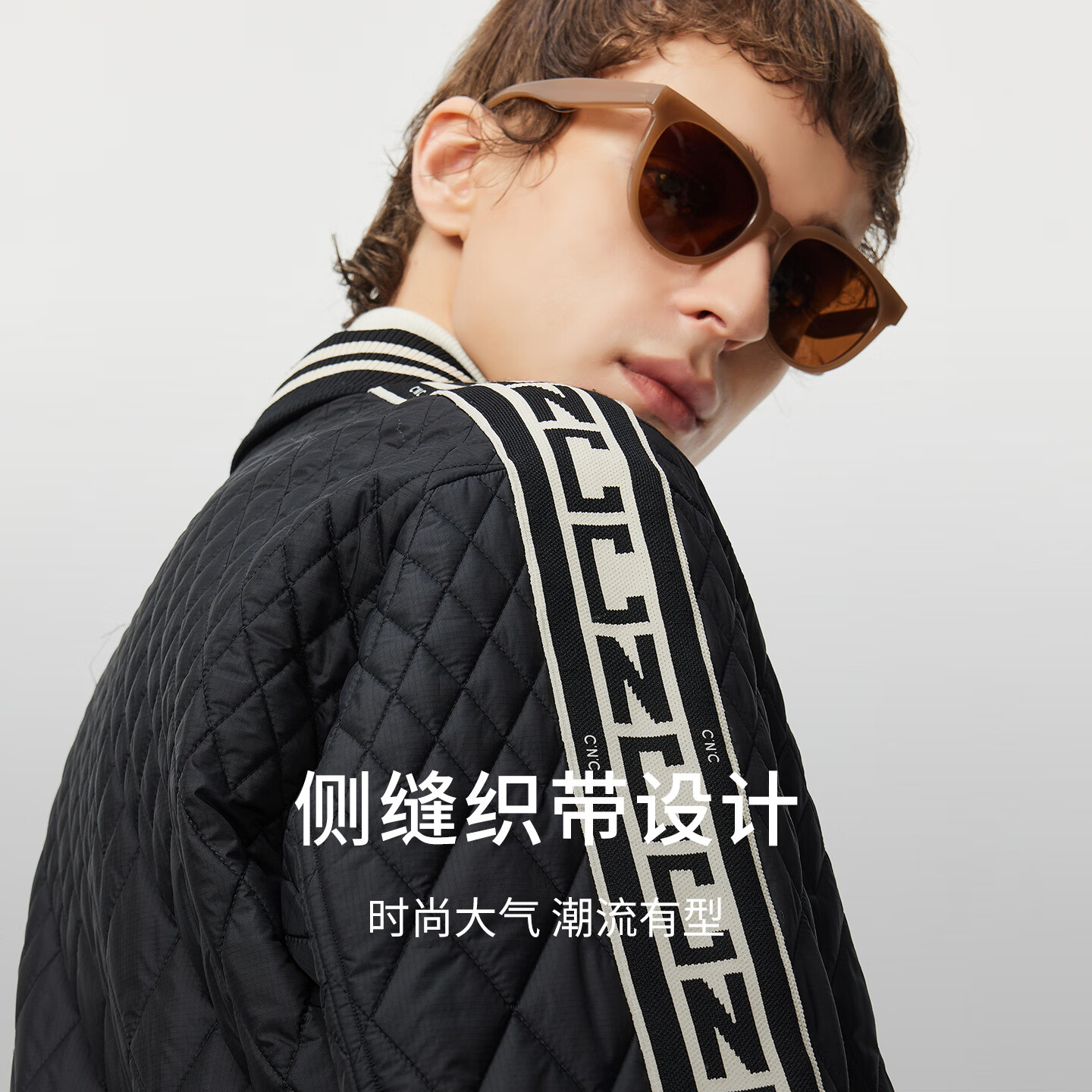 C'N'C【奢侈品衣服】CNC25新款刺绣logo翻领菱格短款棉服夹克外套男 黑色 54 /XL/(185/100A)