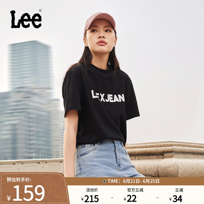 Lee25春夏新品舒适版圆领字母印花男女同款短袖T恤潮LUT0098404LE 黑色（尺码偏大，拍小一码） S