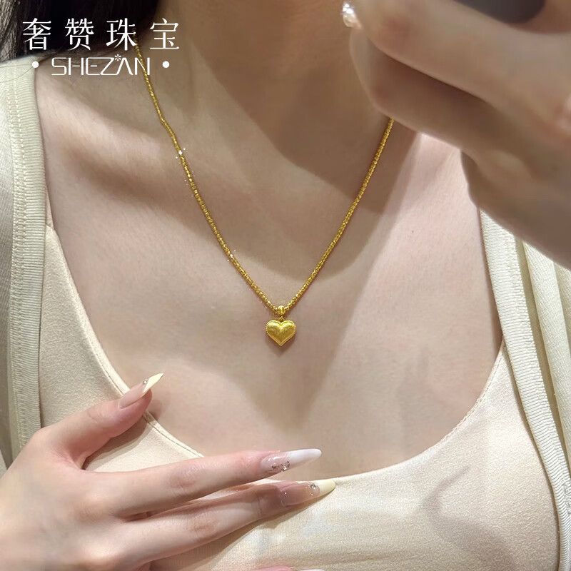 奢赞999足金爱心吊坠女士黄金项链蹦迪珠转运珠套链锁骨链颈链送女友 【足金】金约14g [克重多退少补]