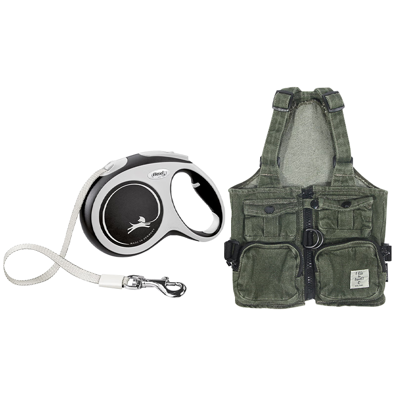 福萊希（flexi）外星人牽引繩BLUEPORT工裝馬甲組合套裝狗狗牽引繩胸背寵物戶外 