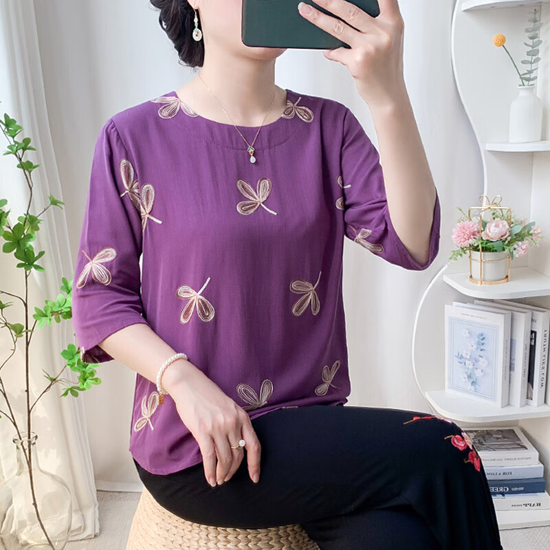 恒源祥中老年妈妈夏装套装绣花宽松洋气上衣中袖两件套老人女装奶奶衣服 橘红(套装) XL (建议90-105斤)
