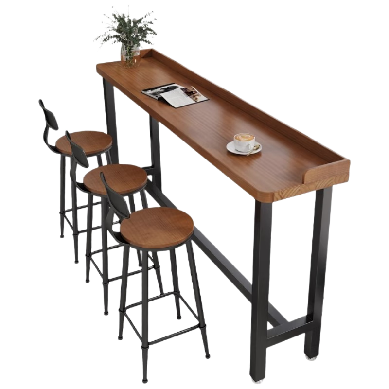 唐輯實(shí)木吧臺(tái)桌商用圖書館書房客廳靠墻高腳桌餐館酒吧臺(tái)桌240+5椅