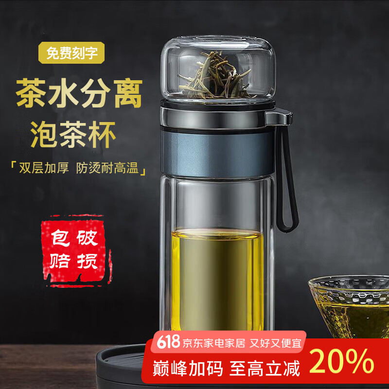 创建茶水分离过滤泡茶杯子男士女生泡花茶双层玻璃杯便携大容量喝水杯 【双层加厚提绳款】蓝色 400ml