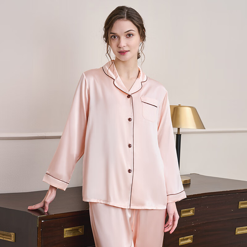 美標19姆米重磅真絲6A級桑蠶絲女士睡衣絲綢長袖長褲家居服 粉紅 M