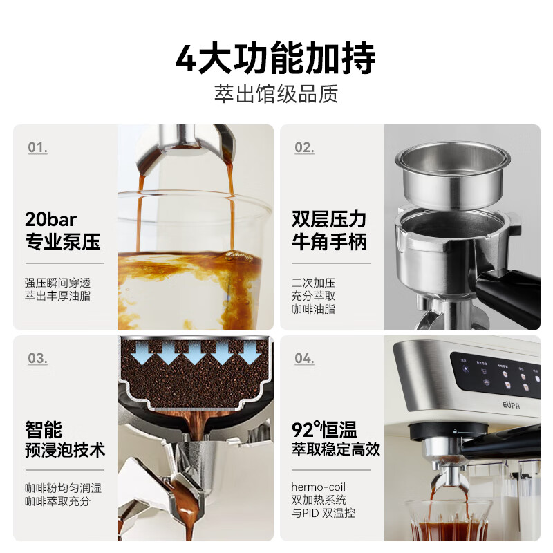 EUPA家用小型咖啡机20Bar高压萃取咖啡自由全自动奶泡半自动意式咖啡机 自动奶泡咖啡机+研磨套装