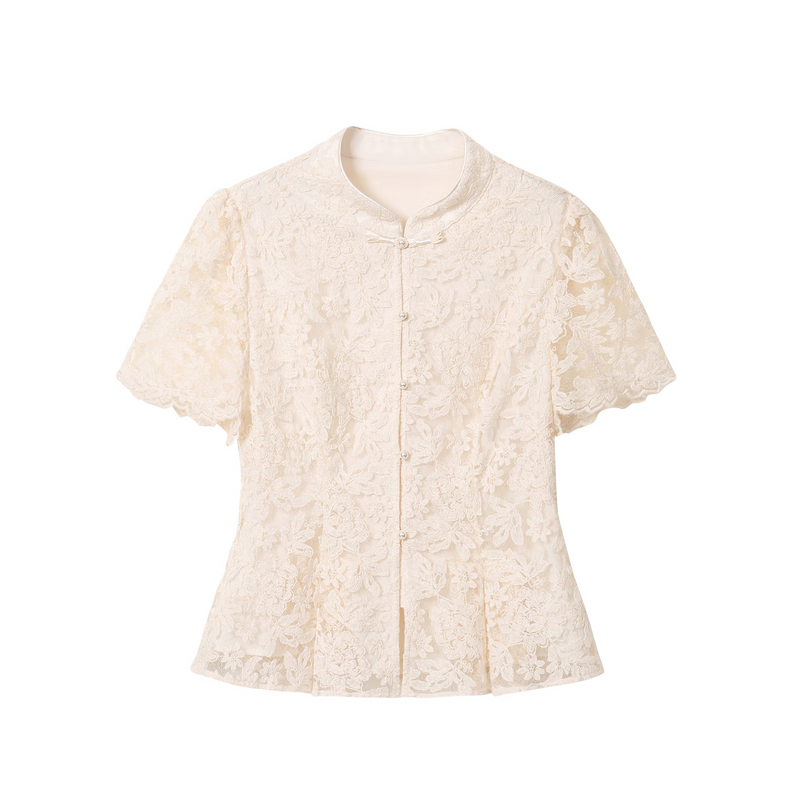 藍(lán)語新中式重工刺繡短袖上衣顯瘦a字半身裙夏季漂亮套裝 米色小衫 預(yù)售 4XL 【建議180-200斤】