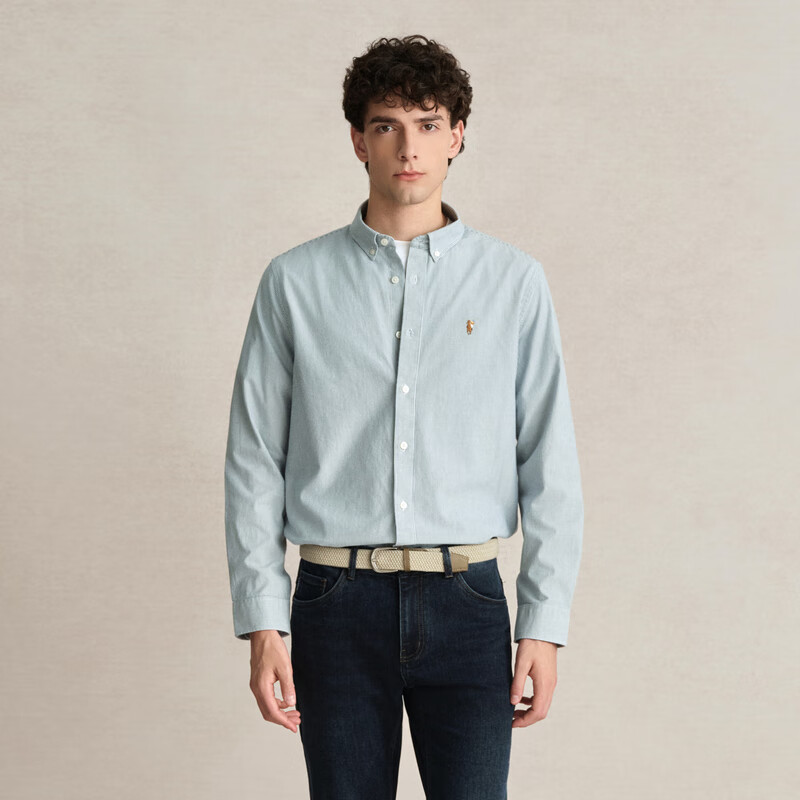 POLOWALK男装新品秋冬条纹简约时尚百搭舒适长袖衬衫 浅绿 M