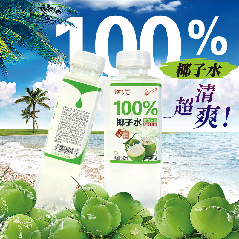 炫汽100%新鲜果汁饮料苹果汁葡萄汁桔子汁椰子汁500ml/瓶夏日休闲饮品 【500ML*15瓶】椰子汁