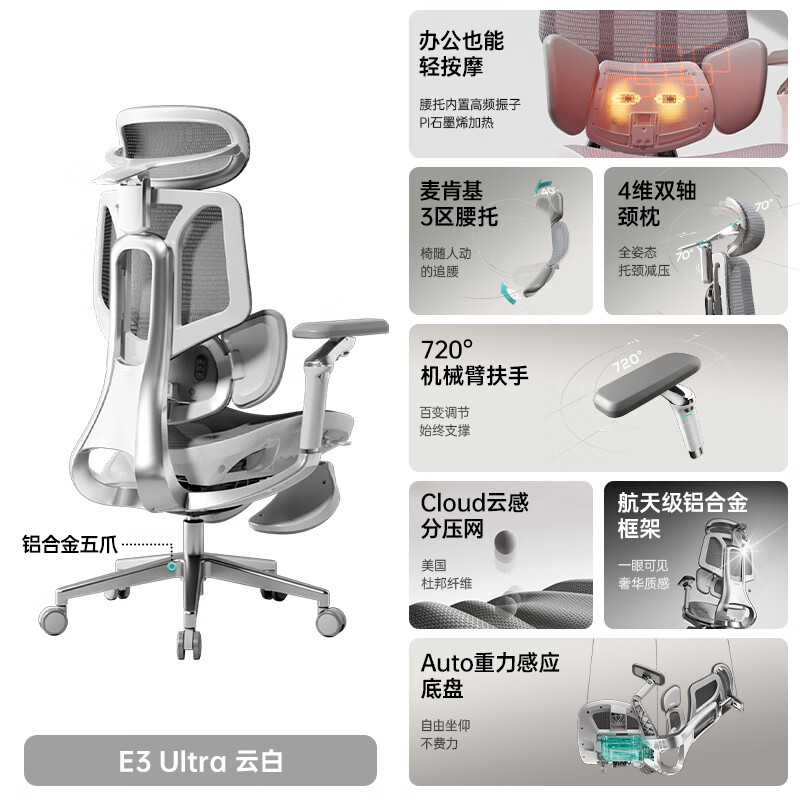 黑白調（Hbada）e3ultra人體工學(xué)椅電腦椅子電競椅座椅辦公椅老板椅沙發(fā)椅七夕 4代_Ultra【3區追腰按摩熱敷_72a 鋁合金腳_360°扶手