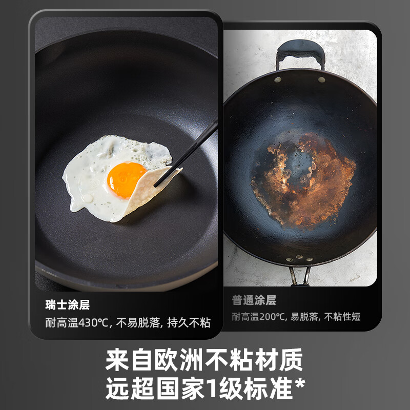 OOU不粘炒锅平底煎锅不锈钢 少油烟炒菜锅燃气电磁炉通用32cm|溜溜锅