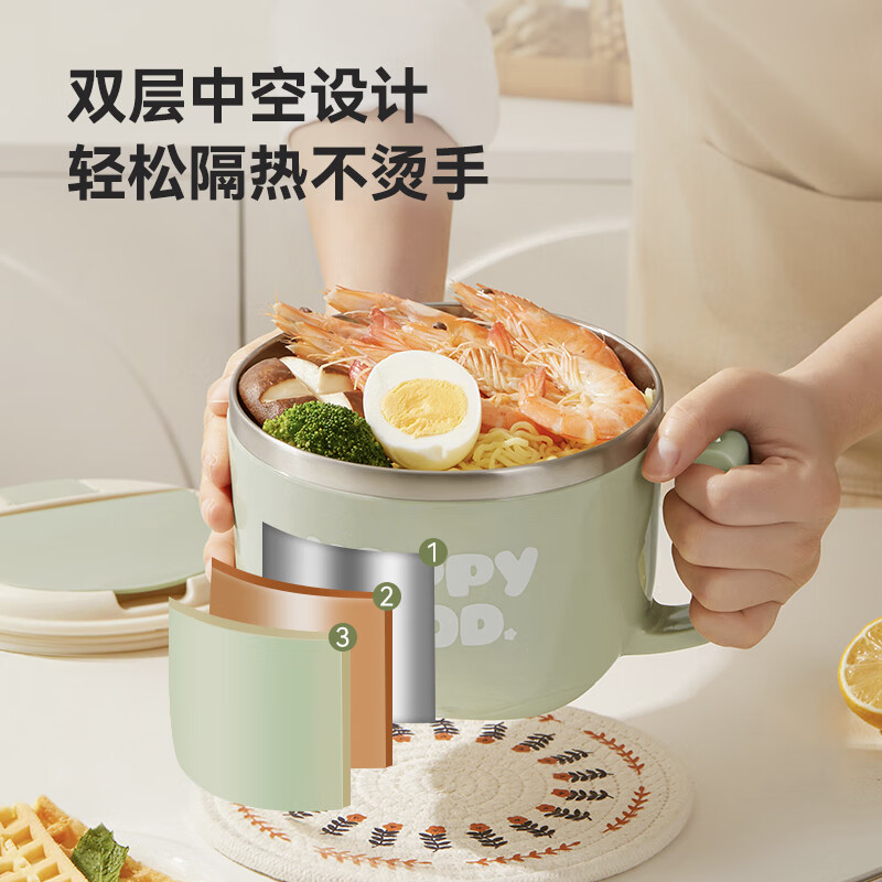 京东京造316L不锈钢泡面碗 上班族饭盒小学生隔热防烫1.3L 配筷勺