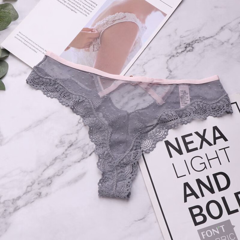 锦苡2条礼盒装欧美性感内裤女蕾丝边透气网纱丁字裤t裤棉裆舒适小裤女 （酒红+酒红） 2条 均码 适合90-115斤