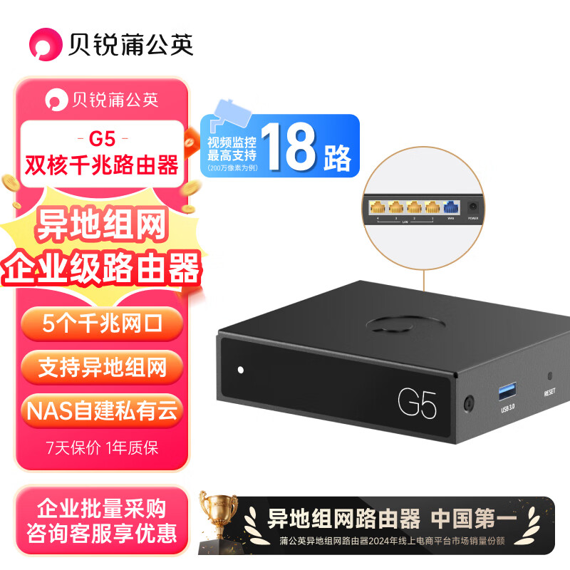 贝锐蒲公英G5企业级有线路由器异地组网双核千兆5个网口企业无需公网IP局域网远程访问Nas内网穿透视频监控