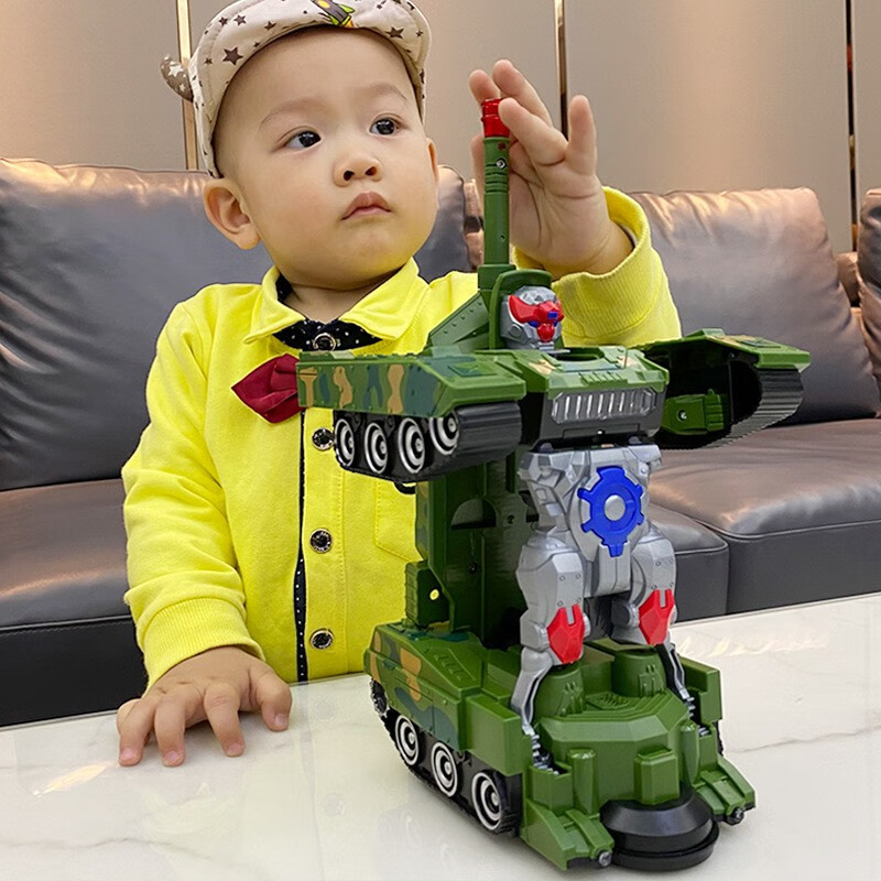 玩控 儿童玩具男孩坦克变形机器人声光电动特技车军事仿真模型 28cm
