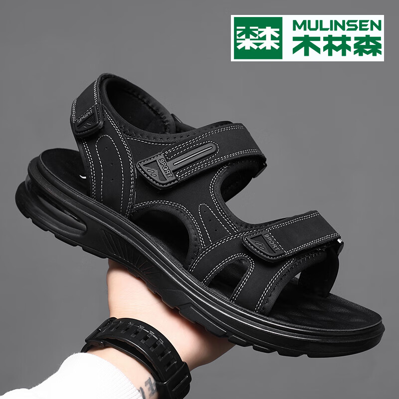 木林森(MULINSEN)涼鞋男潮2025夏季新款休閑皮涼鞋黑防滑男士拖鞋沙灘鞋子男 黑色 38