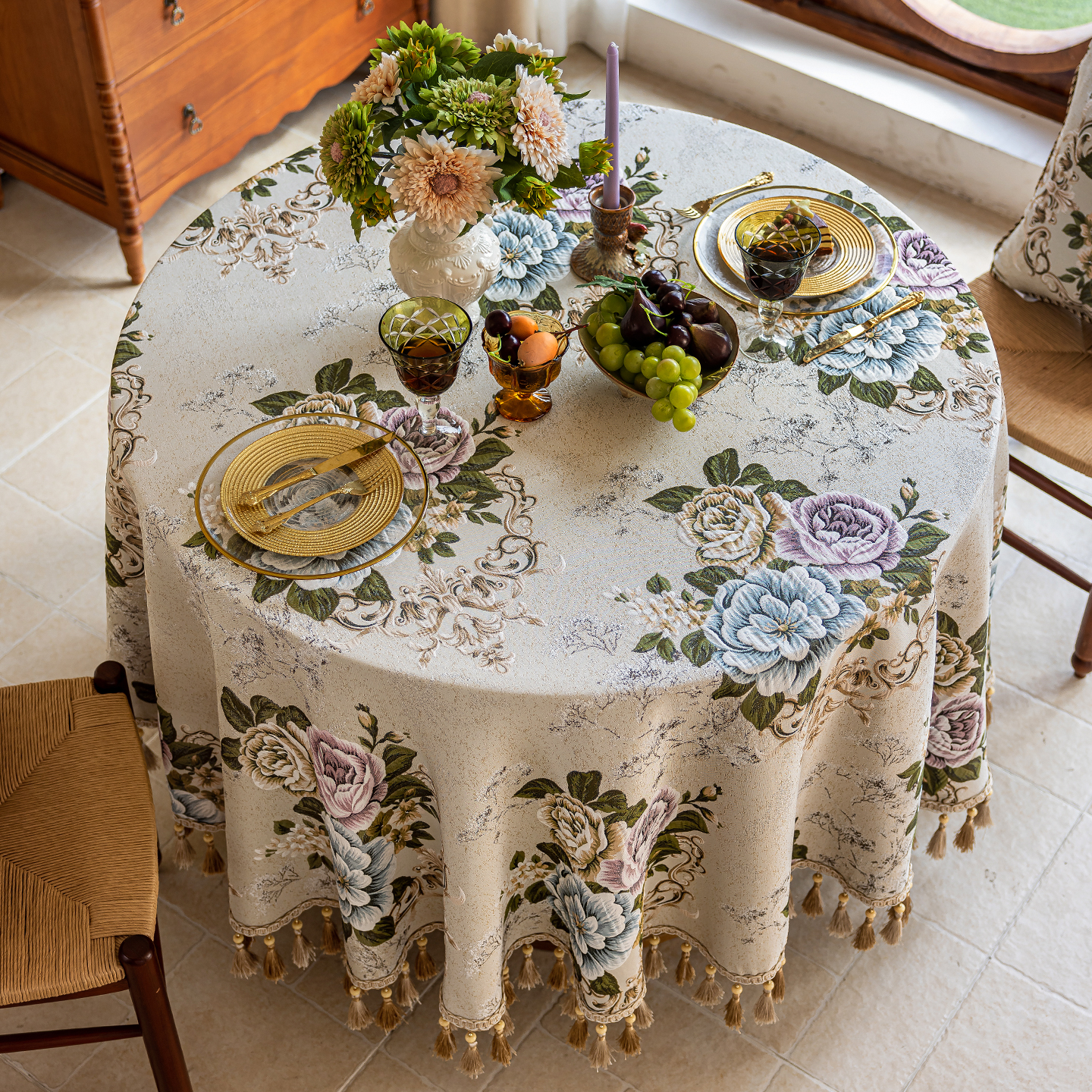 乐唯仕欧式大圆桌桌布2025新款轻奢高级感小圆形茶几台布客厅家用餐桌布 莫利斯花园-米(吊穗款) 220cm直径适合直径160-180cm圆桌