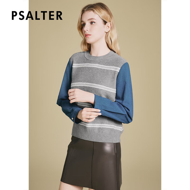 PSALTER诗篇专选2025年春季假两件式时尚减龄撞色拼接针织套头毛衫女 浅灰 XL 42