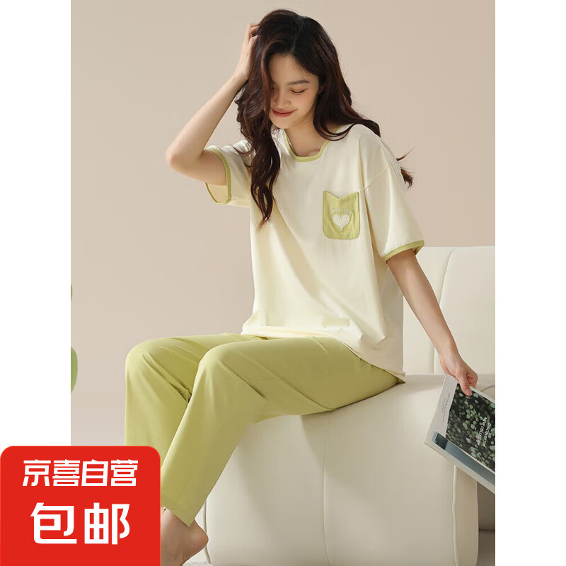 睡衣女夏纯棉薄款短袖长裤宽松大码可外穿家居服女款全棉 62243#米黄 XL