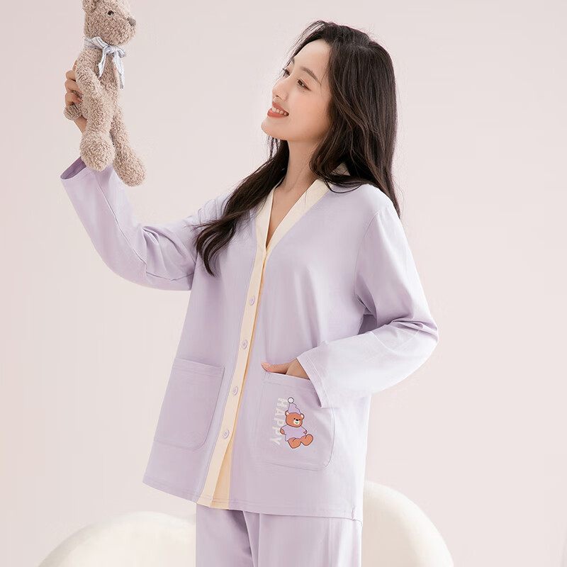 芬腾睡衣女100%纯棉2025秋季新款撞色V领小熊外穿柔软长袖家居服套装 浅紫 L