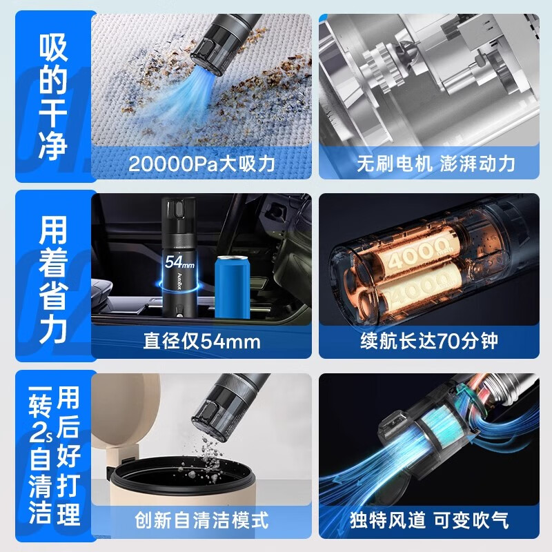 AutoBot第四代自清洁车载吸尘器车家两用大吸力多功能无线手持便携无刷吸吹抽充4合1户外露营清洁电脑除尘