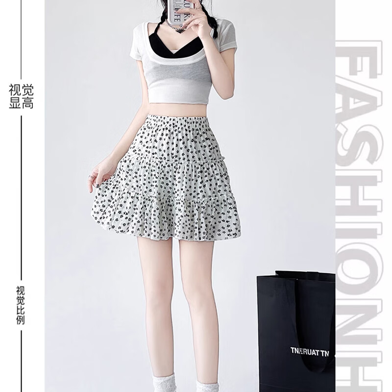 浪莎碎花短裙子女夏季新款半身裙高腰显瘦蛋糕裙小个子百搭潮流A字裙 黑色 XL 【推荐126-140斤】