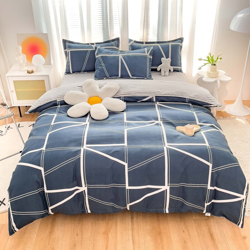 多兰诗（Duolanshi）磨毛四件套 小清新ins卡通田园花卉床上用品套件 几何方块 2.0米 床单款 被套200*230
