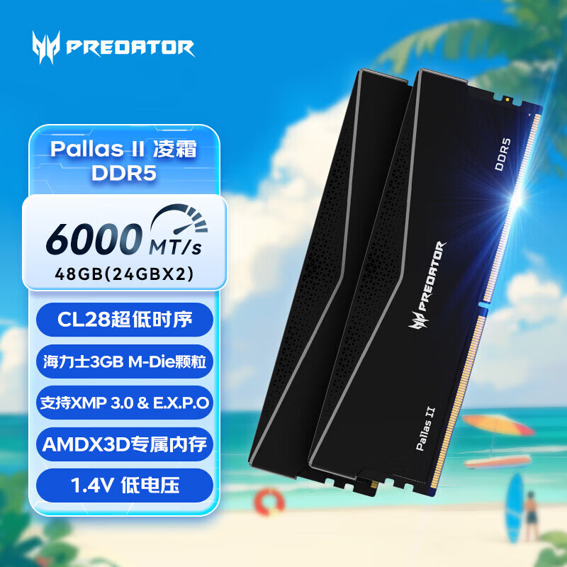 宏碁掠夺者（PREDATOR）凌霜6000c28	48G(24G×2)套装 DDR5 6000频率 台式机内存条 Pallas II 凌霜系列(C28)石耀黑 AI电 6000MHz C28凌霜-黑 