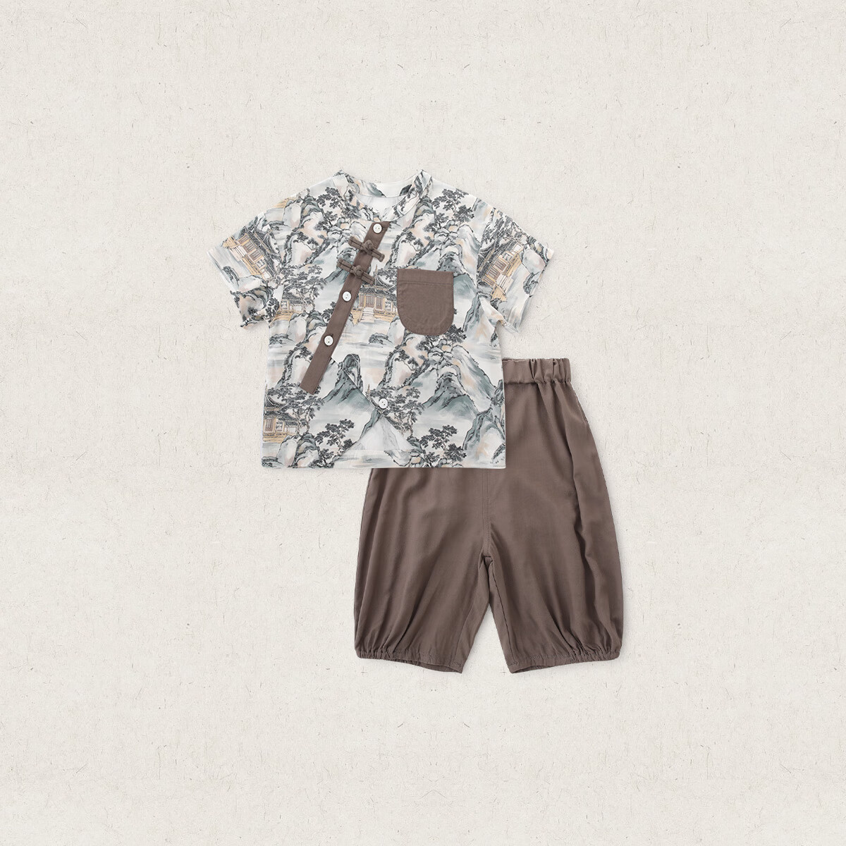 汉宫优品男童夏季套装2025新款宝宝短袖薄款分体衣服新中式两件套儿童夏装 枕山栖谷 80