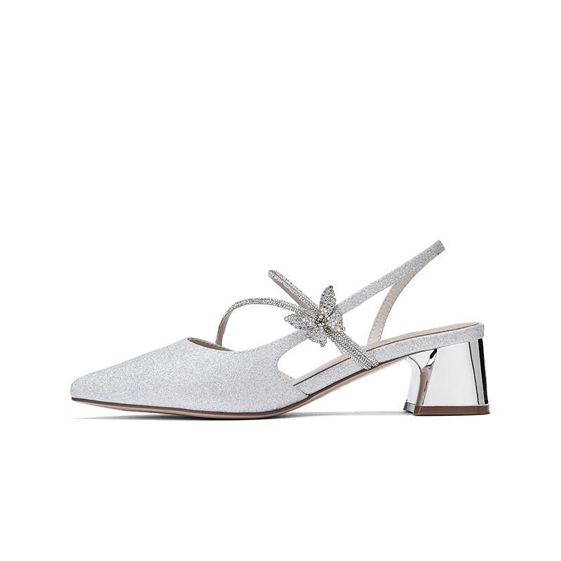 熱風(fēng)高跟淺口單鞋2025年秋季新款法式尖頭粗跟涼鞋溫柔蝴蝶女鞋子 13銀色 35