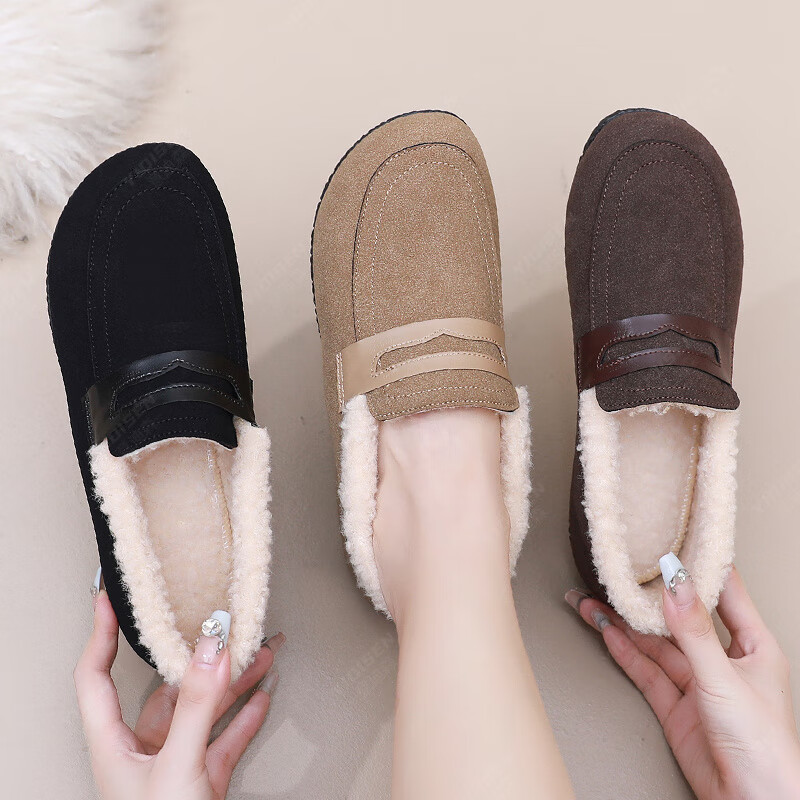 意迪森冬季新款加绒加厚保暖棉鞋一脚蹬毛毛鞋老北京布鞋中老年妈妈鞋 黑色 加绒 37 (235mm)