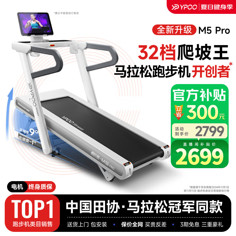 易跑YPOO馬拉松跑步機家庭用爬坡度高端健身房折疊智能運動(dòng)器材M5 Pro馬拉松-爬坡版LED屏/32檔坡/白色
