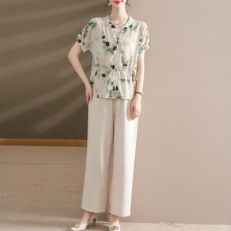 子牧棉麻夏装 女文艺复古套装时尚上衣收腰显瘦短袖衬衫两件套9429 浅绿色套装 * L (建议115-125斤)