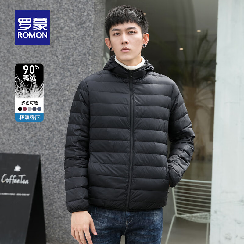 罗蒙（ROMON）男士连帽轻薄羽绒服中青年2025秋冬新款休闲舒适百搭秋羽绒男 黑色 M (170) 【建议100-120斤】
