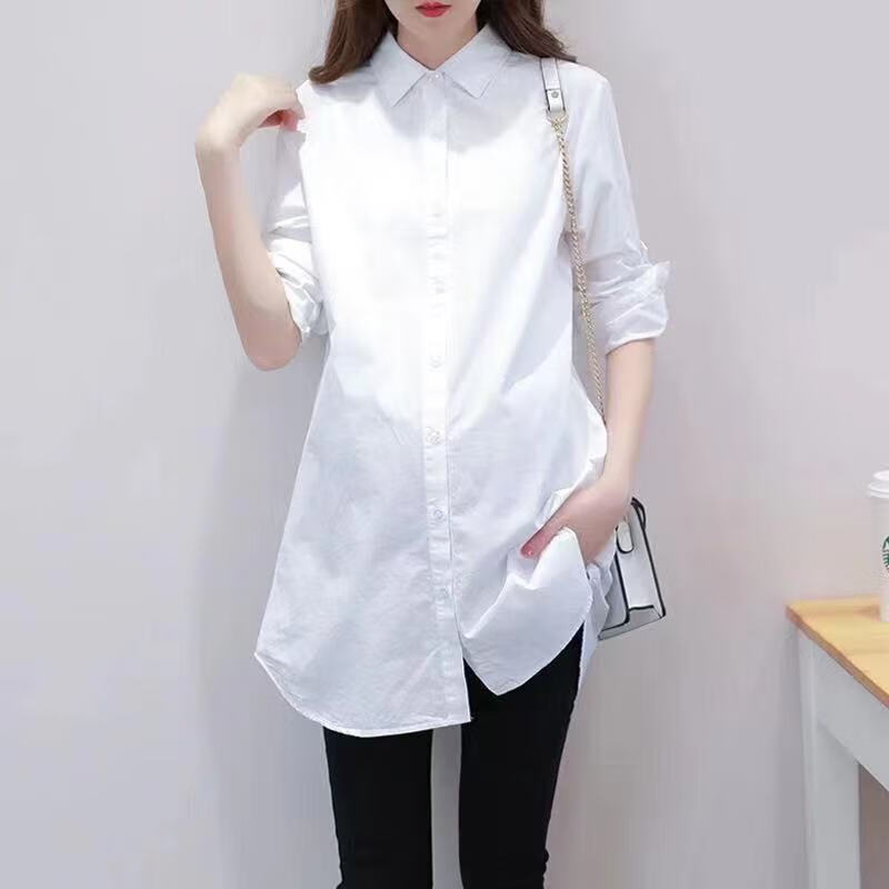 精尼琳孕妇工装衬衫春装长袖韩版百搭职业装上班衣服中长款打底衬衣 白色 L  建议115--130斤