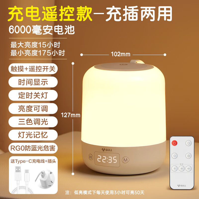 公牛小夜燈充電臥室床頭睡眠月子?jì)雰簩殞毼鼓桃归g母嬰燈 【時(shí)鐘遙控款+插頭】-6000毫安-