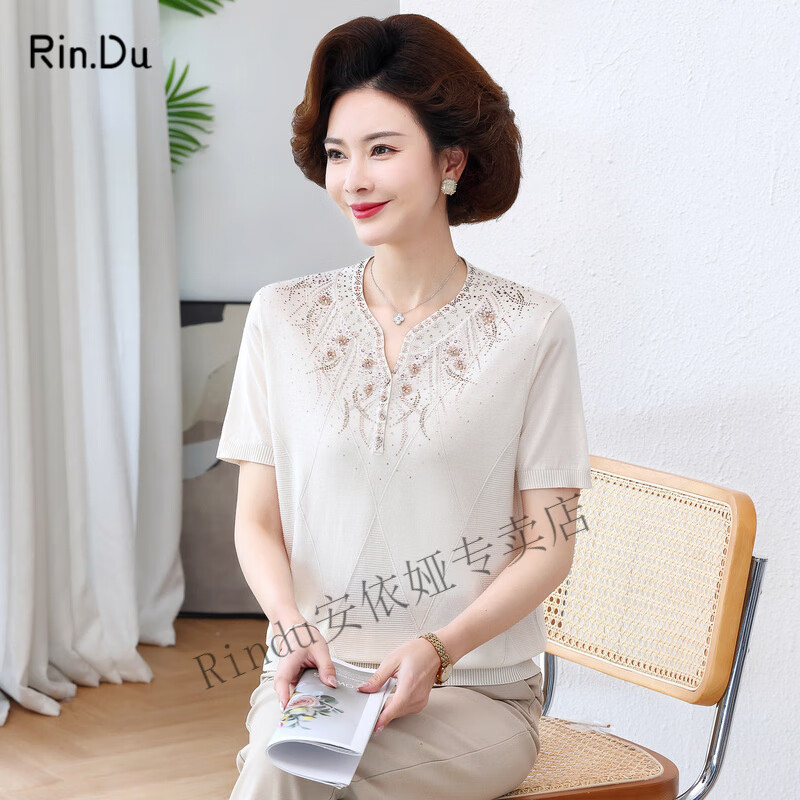 Rindu贝茉莉衣服妈妈装装T恤短袖冰丝小衫洋气中老年女上衣薄款 浅米色 XL _90-110