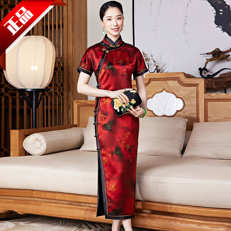 璽玥中國風(fēng)重緞50姆米香云紗經(jīng)典傳統(tǒng)手工旗袍喜媽媽宴會晚禮服夏新年 紅色 3XL (體重135~145)