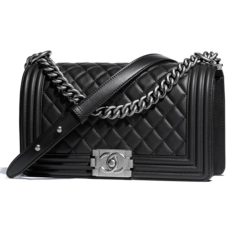 【二手99新】未使用香奈儿 黑银 chanel boy chanel 中号 黑色牛皮