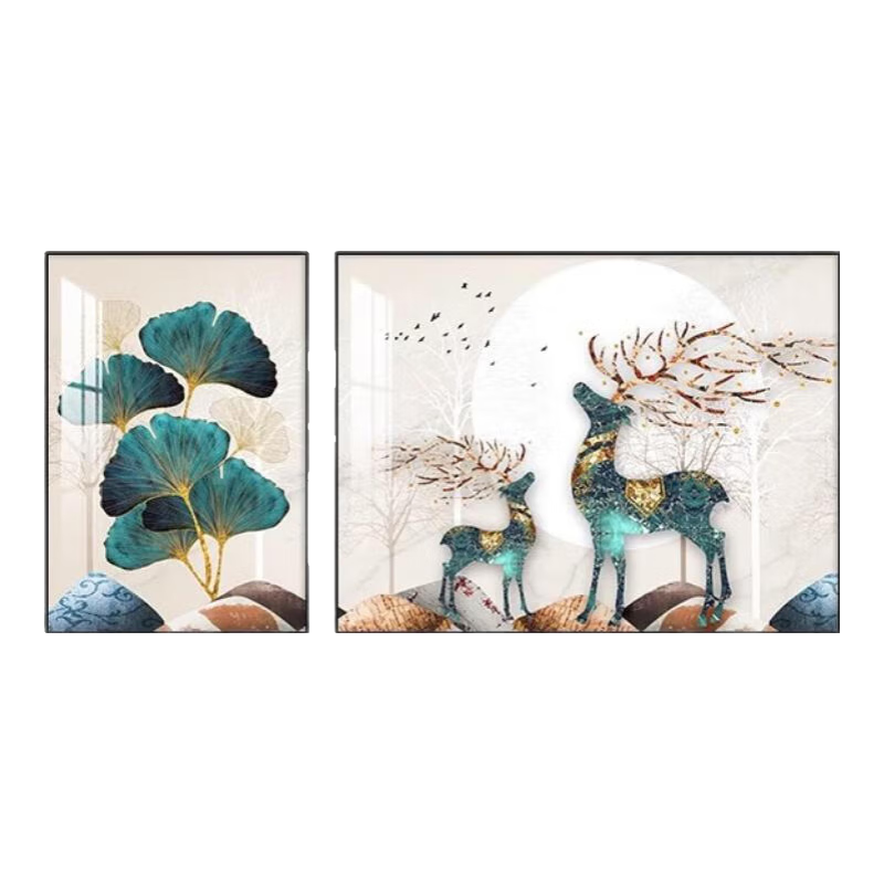 舍間珀新中式三聯(lián)裝飾畫沙發(fā)背景墻掛畫現(xiàn)代簡(jiǎn)約輕奢壁畫寓意好客廳裝飾 福鹿吉祥A【熱門爆款】 50*70+70*100+50*70晶瓷+輕奢金框 插電款