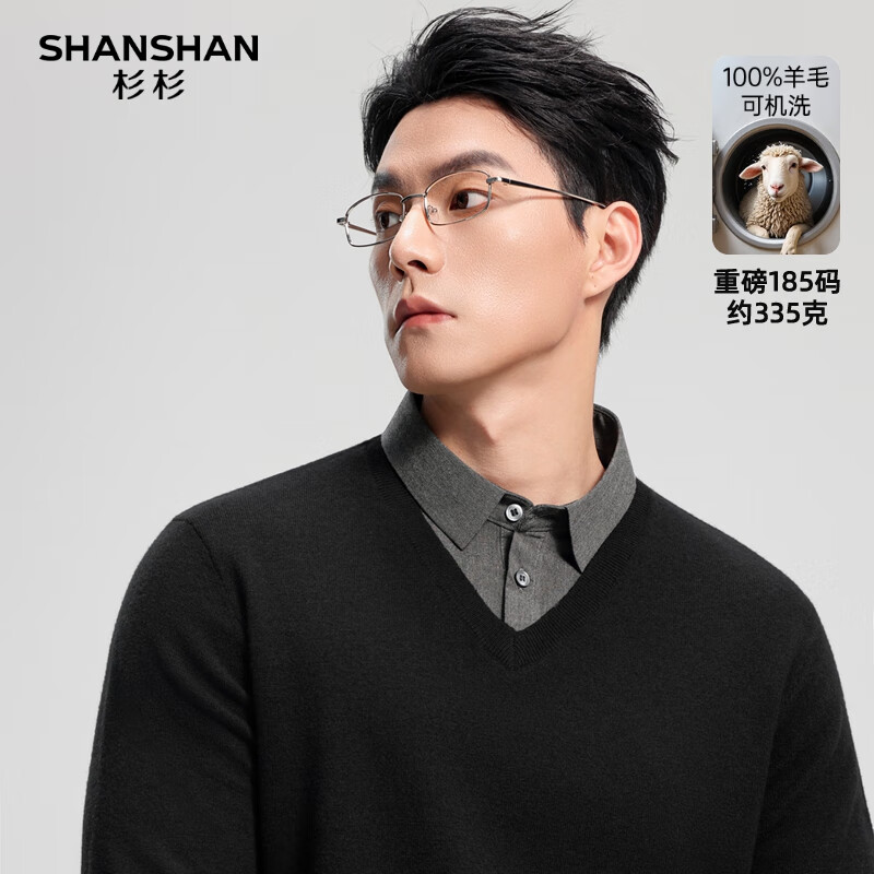 SHANSHAN杉杉可机洗100%绵羊毛衫男秋冬厚款假两件翻领针织衫男士保暖毛衣 黑色 L /175