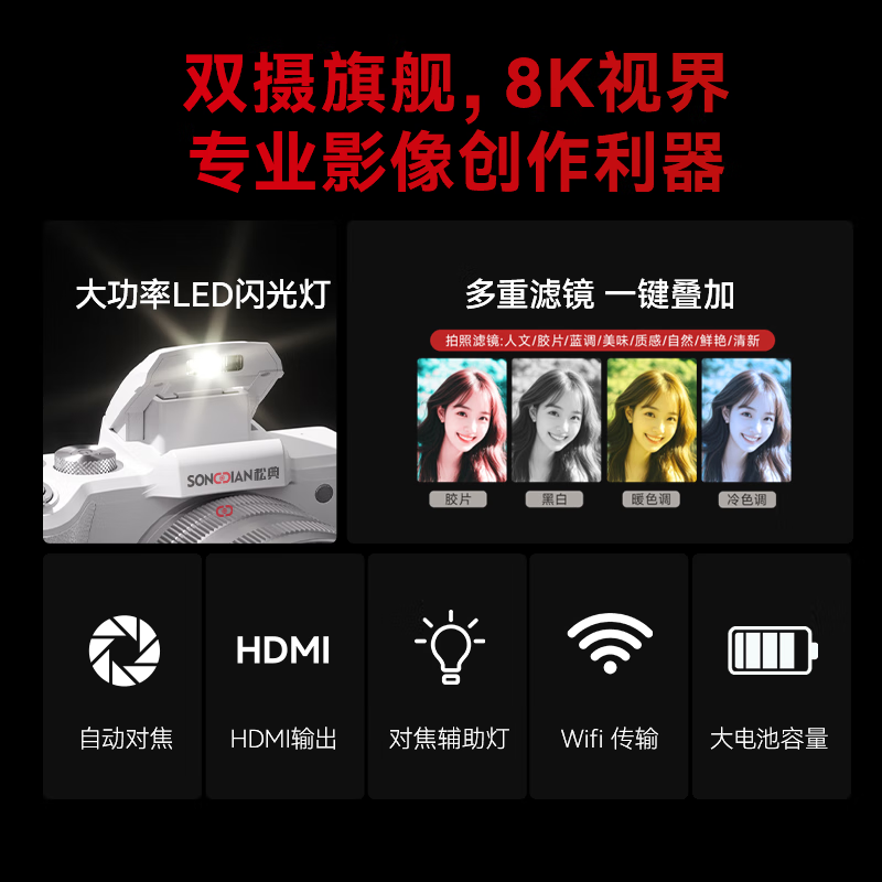 松典【1/2英寸传感器+索尼旗舰双芯+触摸屏】微单数码相机学生入门级微单照相机相机拍照旅游专用相机 【1/2寸传感+索尼旗舰双芯+3.2寸触摸屏】黑色 256G内存