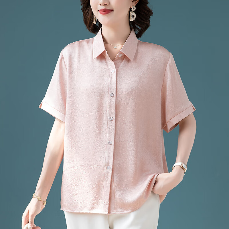 潮梦城短袖衬衫女中年女士衬衫夏季新款时尚洋气妈妈衬衣短袖小衫大码宽 粉色 L