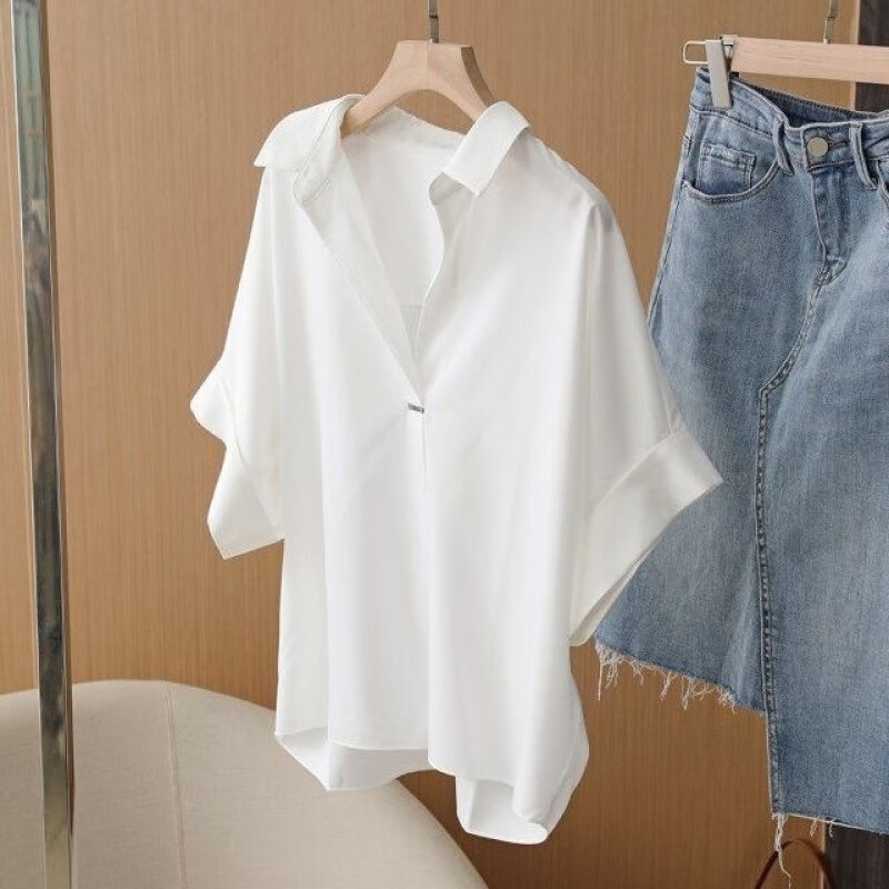 【优选好物】短袖衬衫女2025夏季新款宽松蝙蝠袖领宽松百搭衬衣显 白色【优质版】 XXS