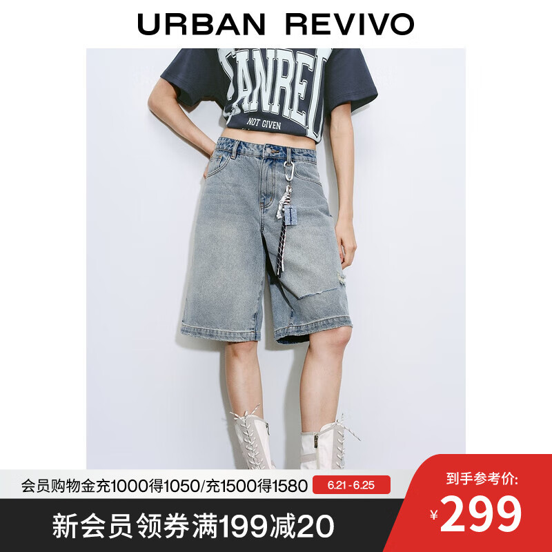 UR2025夏季新款女装复古磨破挂件装饰牛仔中裤UYV850077 蓝色 26