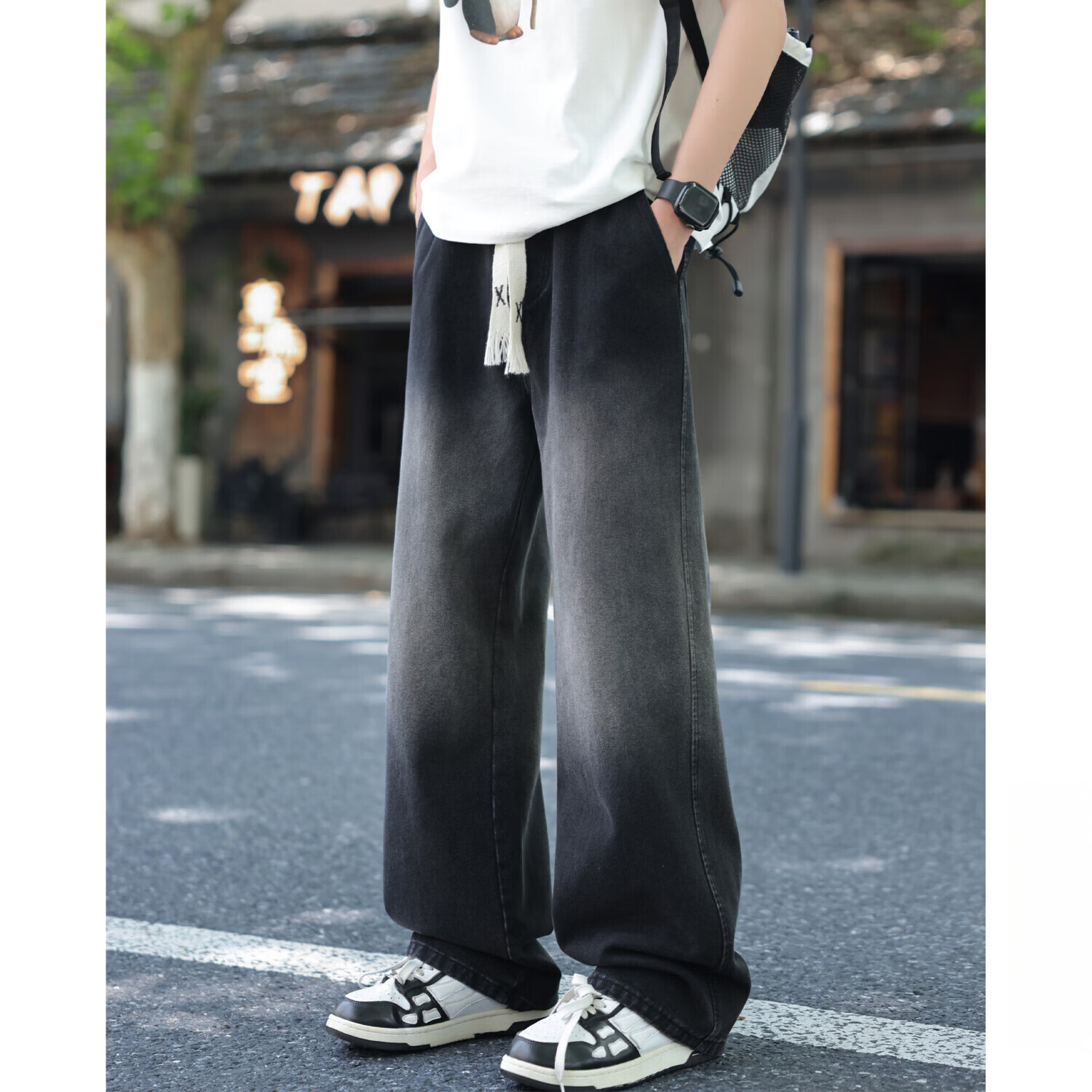 fog sky牛仔裤男秋冬季美式水洗渐变色直筒裤子男潮流宽松大码阔腿