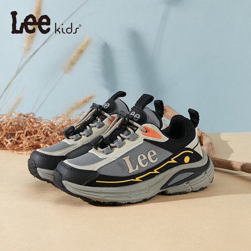 LEE KIDS童鞋秋季新款儿童透气跑步鞋女童防滑运动鞋男大童网面休闲老爹鞋 黑米 26 【建议脚长157-163mm】