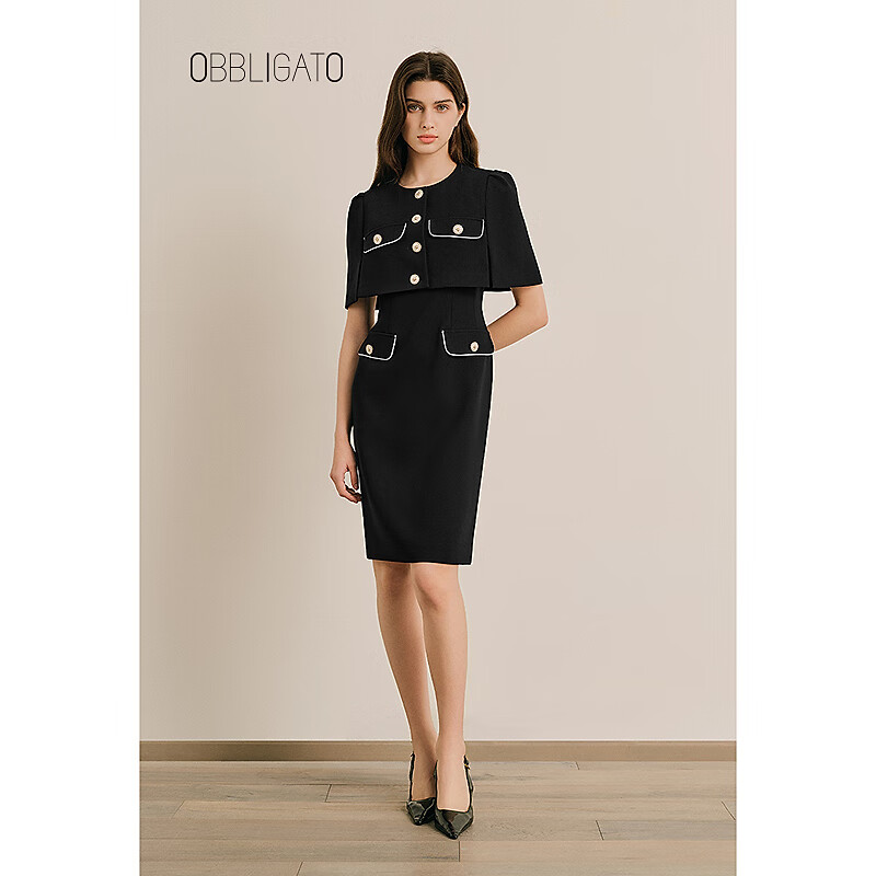 OBBLIGATO奥丽嘉朵2025夏季新款专选中古扣披肩式外套收腰连衣裙 黑色 M 京东折扣/优惠券