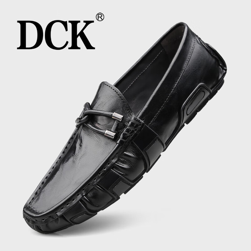 DCK豆豆鞋男真皮男鞋夏季新款高端休闲皮鞋男士透气一脚蹬乐福鞋男 黑色 41