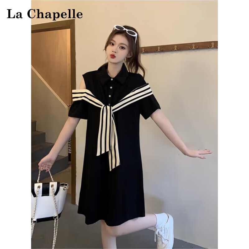La  Chapelle拉夏贝尔大码女装连衣裙子夏天女装2024夏季新品短袖套装衣服女 黑色 2XL (建议150-190斤)