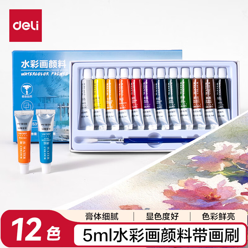 ������deli��12ɫ5ml���ܹ�װˮ�����ϴ���ˢ��Яѧ����ͯ���ż����������к�Ů������滭�ʻ����� HS313-12 